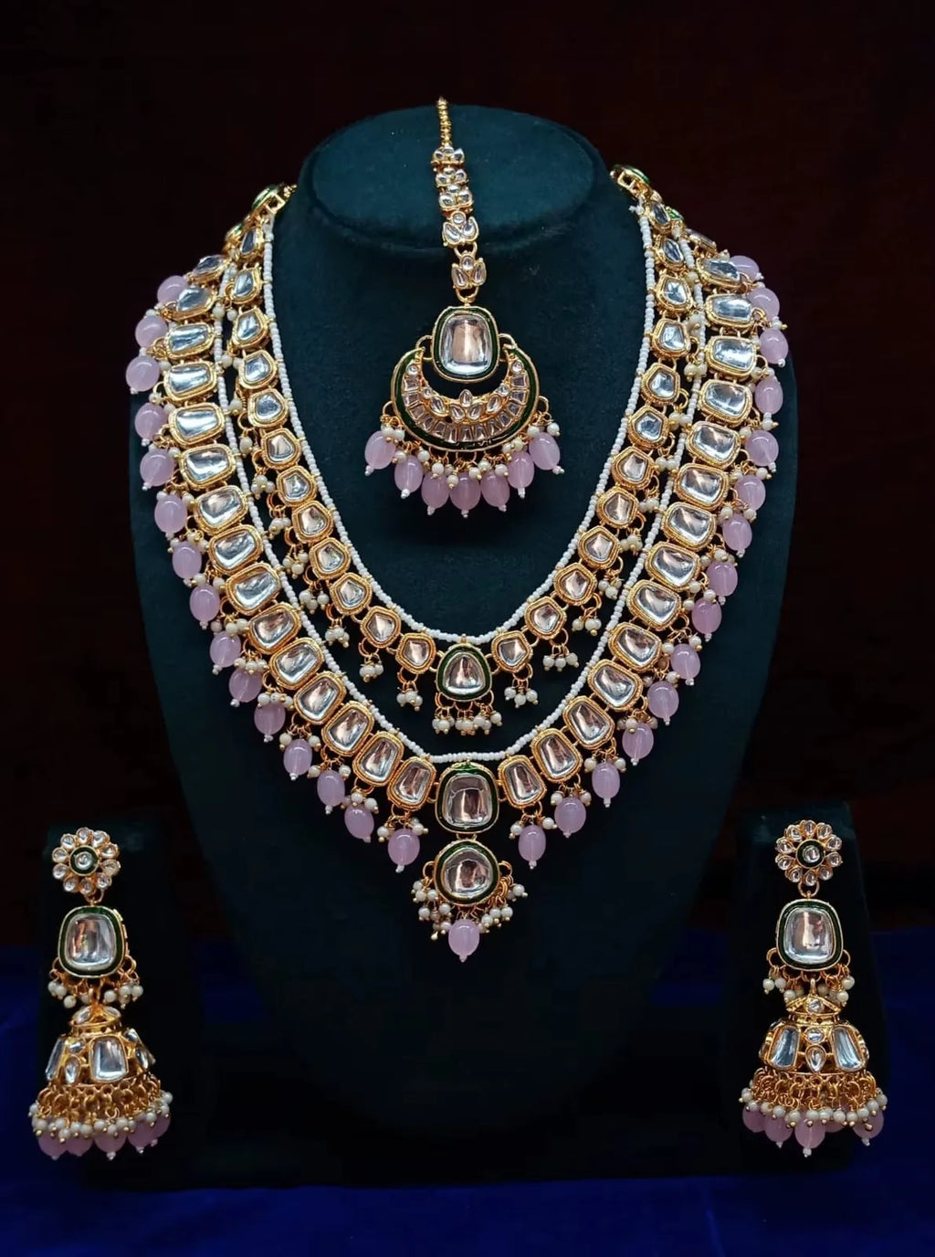 High Quality Pearl Gold Plated Alloy Ethnic Bridal Jewelry Set Necklace Earrings Tikka Ring Traditional Indian Engagement Party