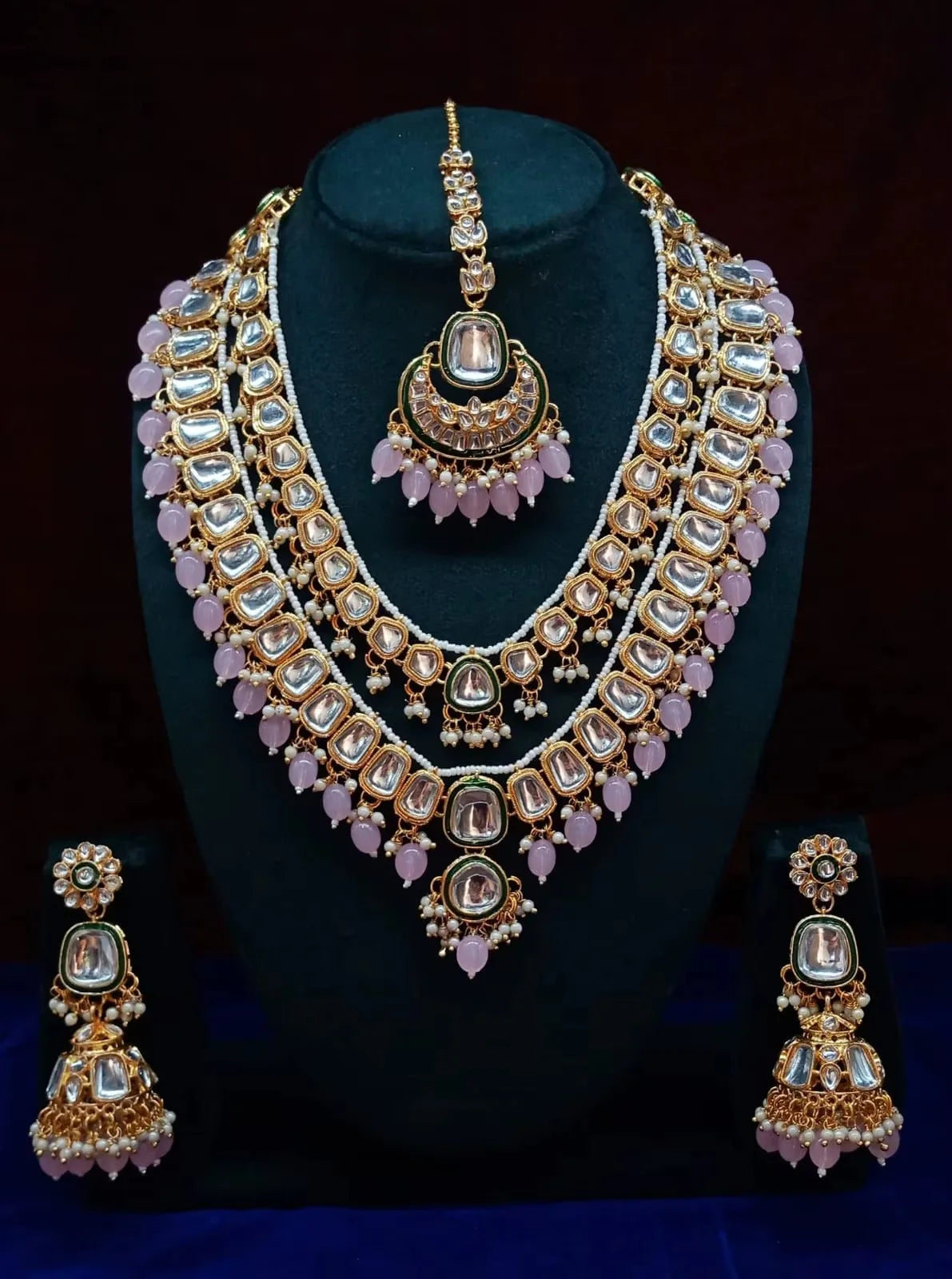 High Quality Pearl Gold Plated Alloy Ethnic Bridal Jewelry Set Necklace Earrings Tikka Ring Traditional Indian Engagement Party