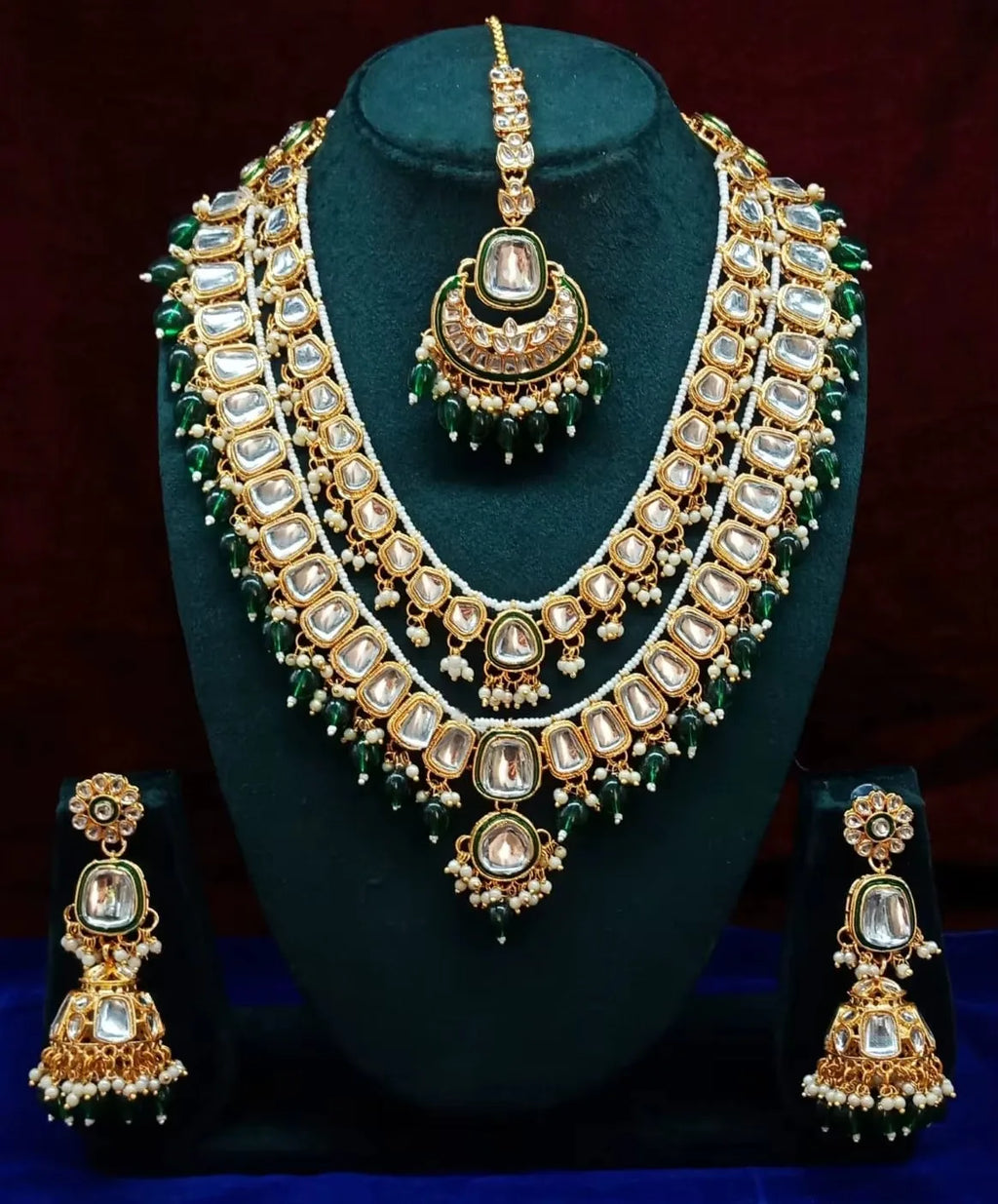 High Quality Pearl Gold Plated Alloy Ethnic Bridal Jewelry Set Necklace Earrings Tikka Ring Traditional Indian Engagement Party