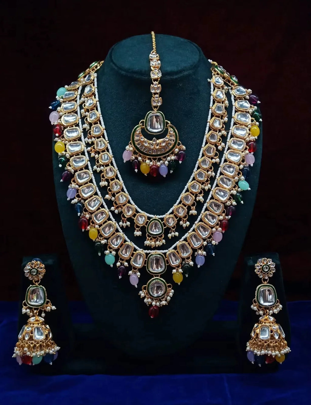 High Quality Pearl Gold Plated Alloy Ethnic Bridal Jewelry Set Necklace Earrings Tikka Ring Traditional Indian Engagement Party