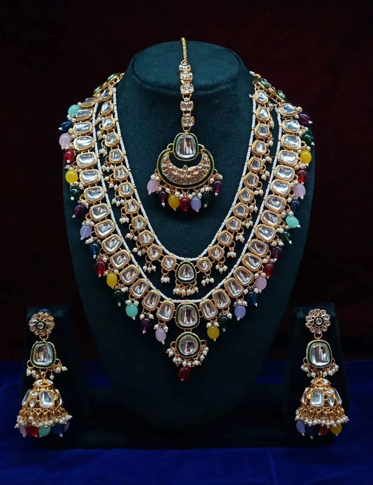 High Quality Pearl Gold Plated Alloy Ethnic Bridal Jewelry Set Necklace Earrings Tikka Ring Traditional Indian Engagement Party
