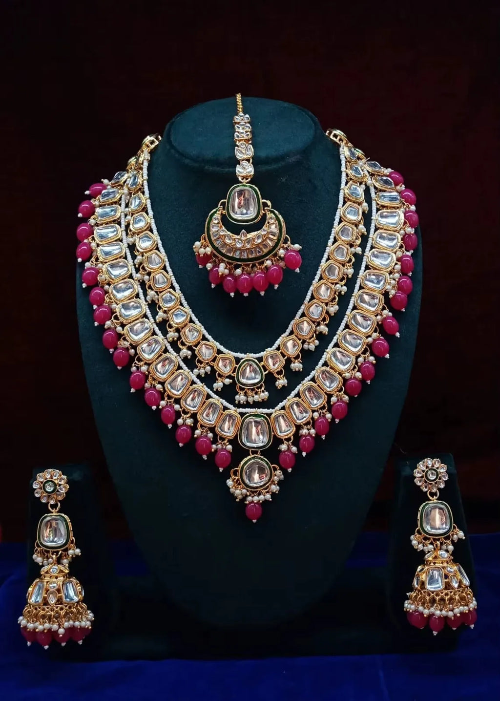 High Quality Pearl Gold Plated Alloy Ethnic Bridal Jewelry Set Necklace Earrings Tikka Ring Traditional Indian Engagement Party