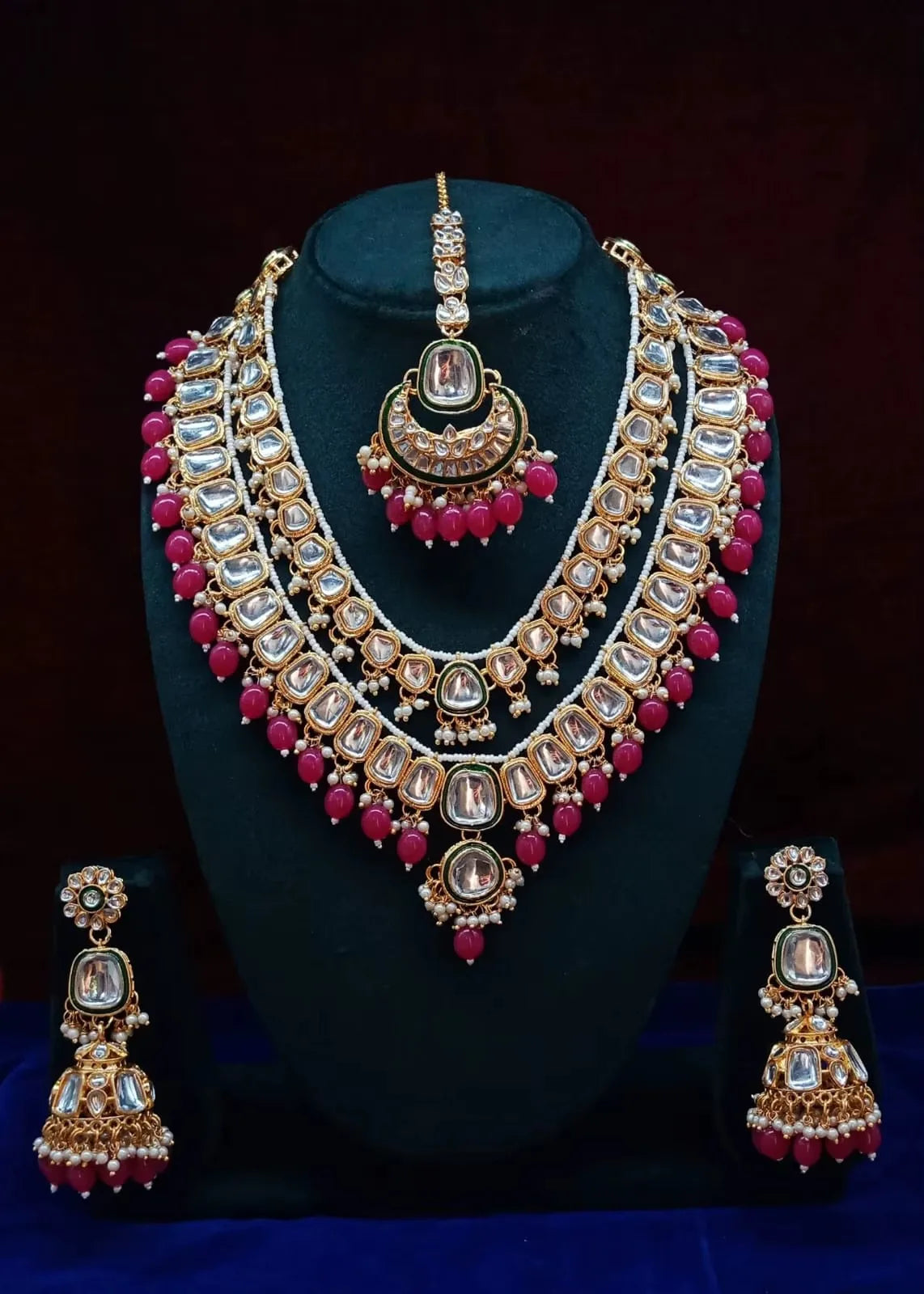 High Quality Pearl Gold Plated Alloy Ethnic Bridal Jewelry Set Necklace Earrings Tikka Ring Traditional Indian Engagement Party