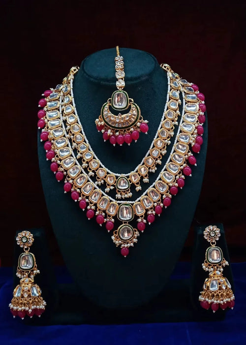 High Quality Pearl Gold Plated Alloy Ethnic Bridal Jewelry Set Necklace Earrings Tikka Ring Traditional Indian Engagement Party