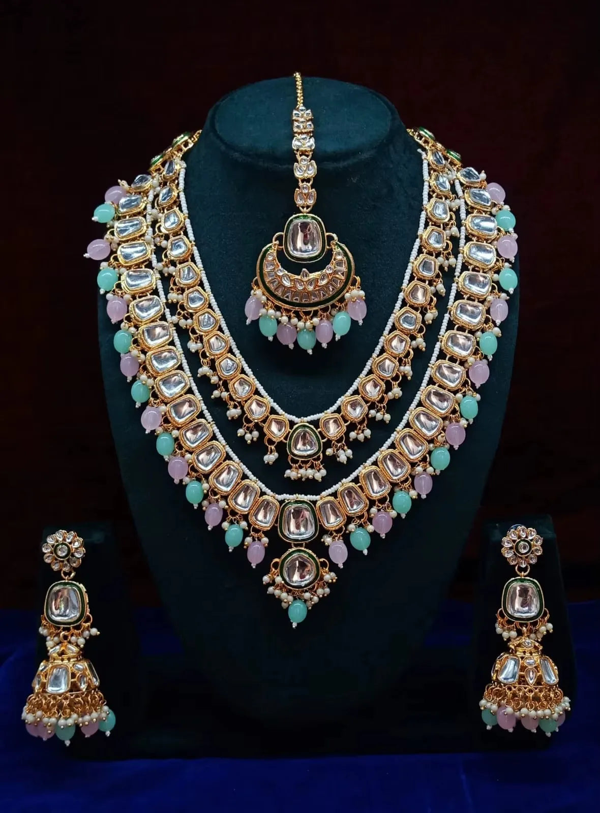 High Quality Pearl Gold Plated Alloy Ethnic Bridal Jewelry Set Necklace Earrings Tikka Ring Traditional Indian Engagement Party